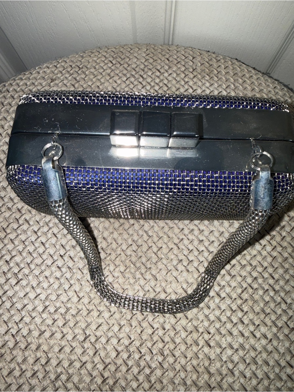 BCBGMAXAZRIA Blue Metallic Clutch Silver Chain Strap Clasp Party Formal - Picture 5 of 7